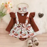 2pcs Baby Girl 95% Cotton Ribbed Long-sleeve Faux-two Floral Print Romper with Headband Set Brown