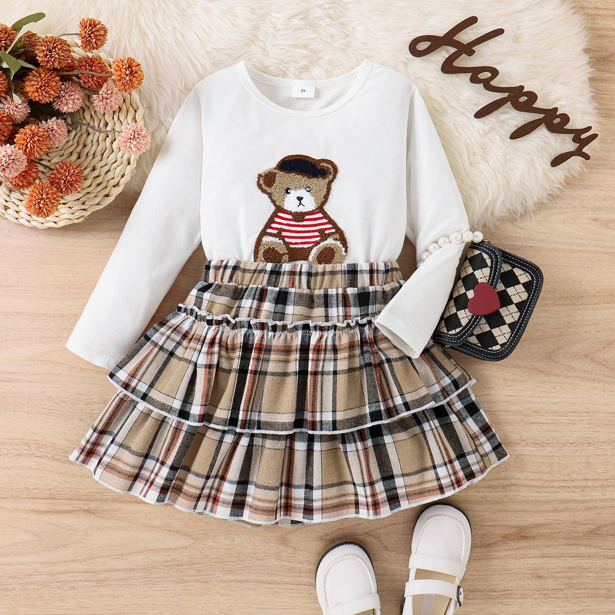 

2pcs Toddler Girl Playful Bear Embroidered Tee and Plaid Skirt Set