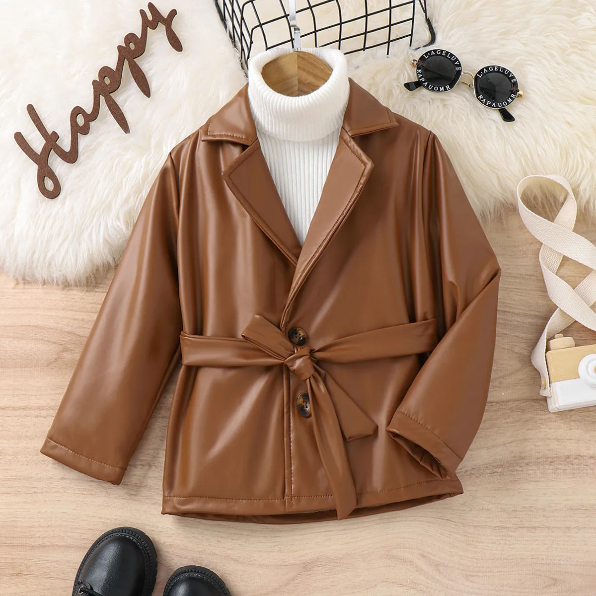 

Toddler Girl Trendy Lapel Collar Belted PU Jacket