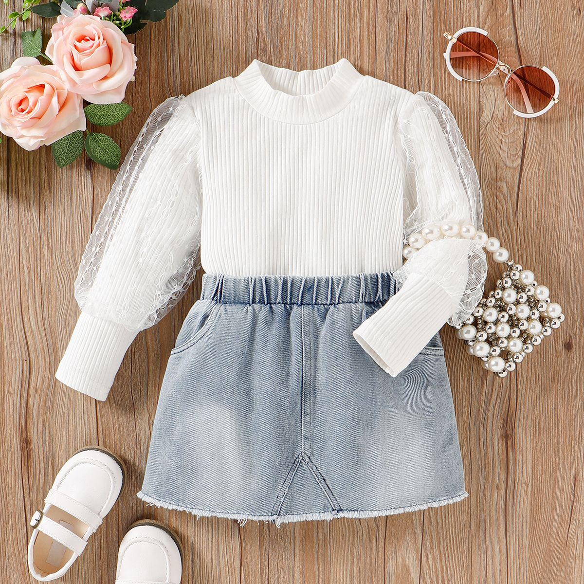 

2pcs Toddler Girl Trendy Denim Skirt and Mesh Puff-sleeve Mock Neck Tee Set