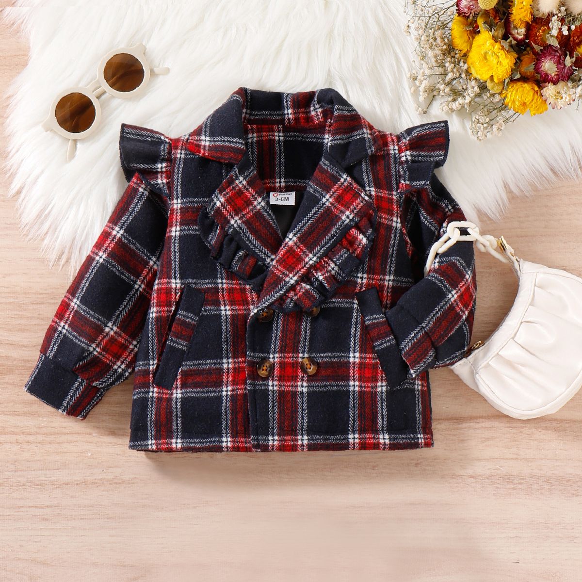 

Baby Girl Plaid Ruffle Trim Lapel Collar Double Breasted Long-sleeve Coat