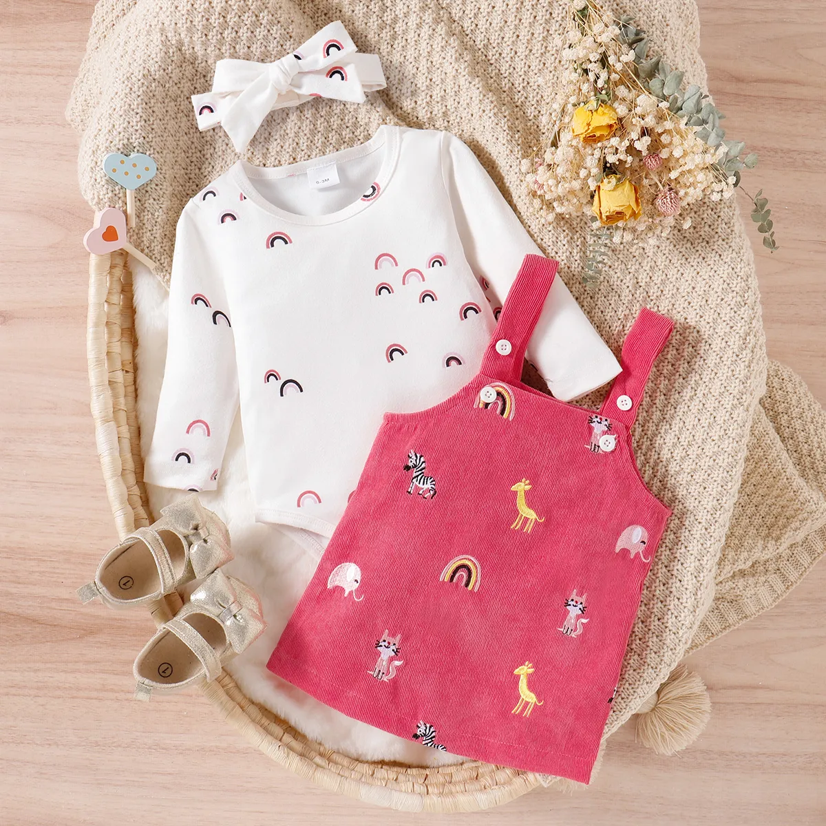 

3pcs Baby Girl Allover Rainbow Print Long-sleeve Romper and Animal Embroidered Corduroy Overall Dress with Headband Set