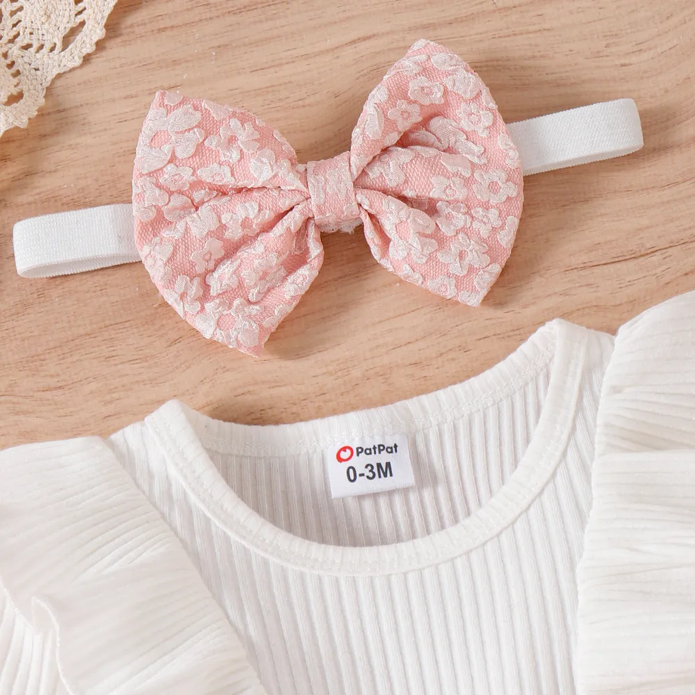 3pcs Baby Girl Solid Cotton Ribbed Ruffle Trim Long-sleeve Romper and Floral Textured Bow Front Skirt & Headband Set big image 3