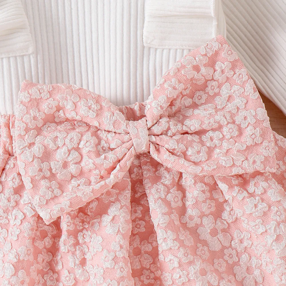 3pcs Baby Girl Solid Cotton Ribbed Ruffle Trim Long-sleeve Romper and Floral Textured Bow Front Skirt & Headband Set big image 5