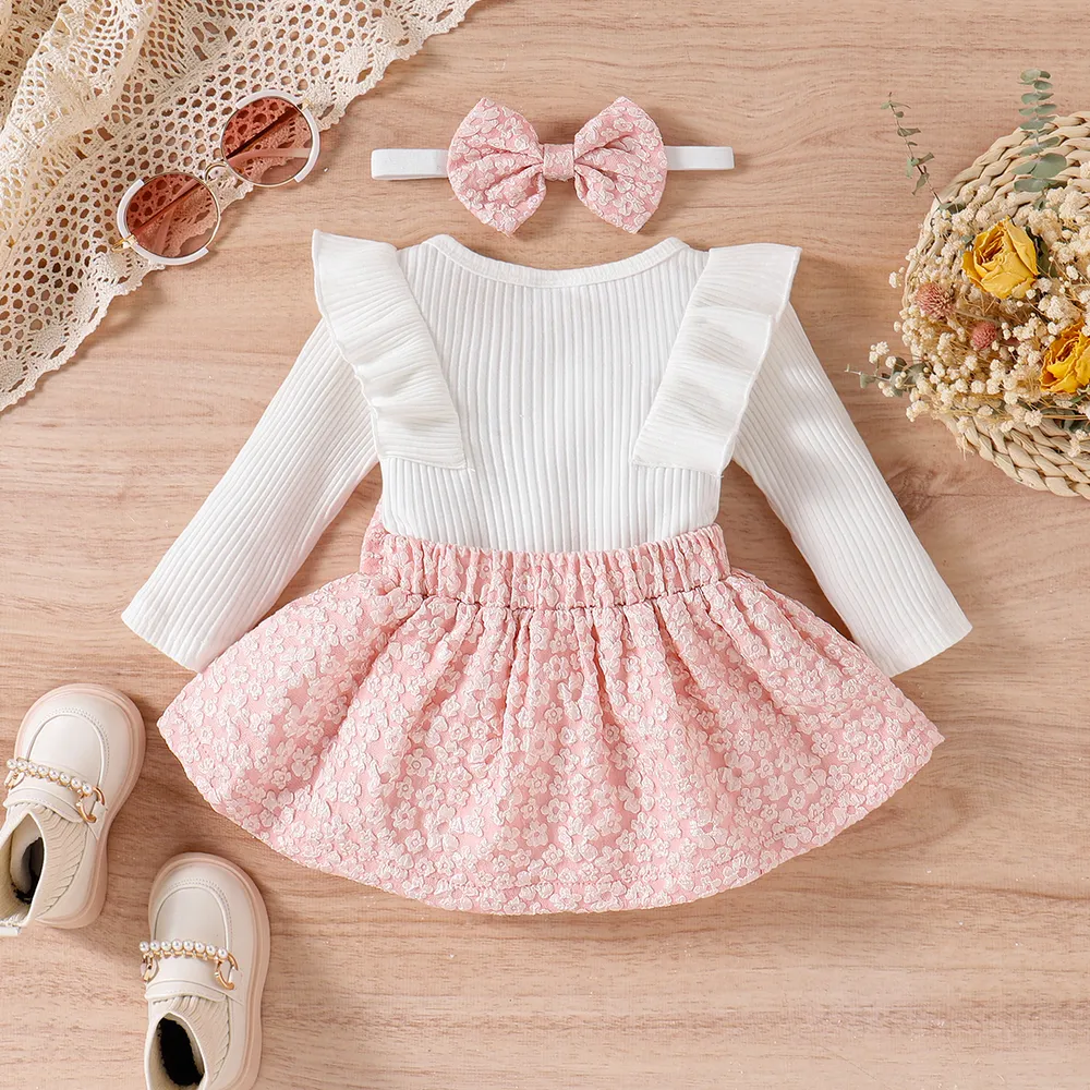 3pcs Baby Girl Solid Cotton Ribbed Ruffle Trim Long-sleeve Romper and Floral Textured Bow Front Skirt & Headband Set big image 6