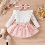 3pcs Baby Girl Solid Cotton Ribbed Ruffle Trim Long-sleeve Romper and Floral Textured Bow Front Skirt & Headband Set Pink image 6