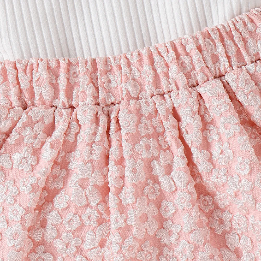 3pcs Baby Girl Solid Cotton Ribbed Ruffle Trim Long-sleeve Romper and Floral Textured Bow Front Skirt & Headband Set big image 7