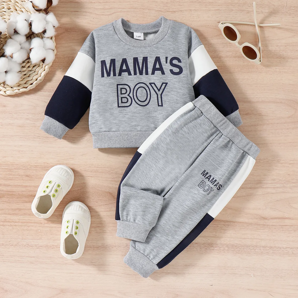 

2pcs Baby Boy Letter Print Colorblock Long-sleeve Sweatshirt