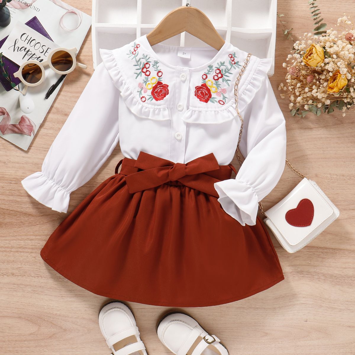 

2pcs Toddler Girl Sweet Floral Embroidered Blouse and Belted Skirt Set