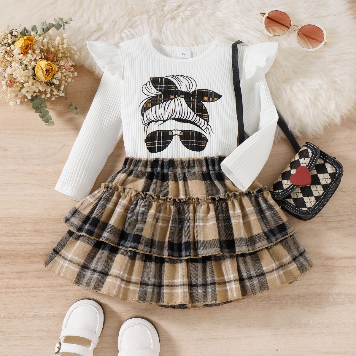 

2pcs Toddler Girl Classic Ruffled Figure Print Tee and Plaid Layered Skirt Set