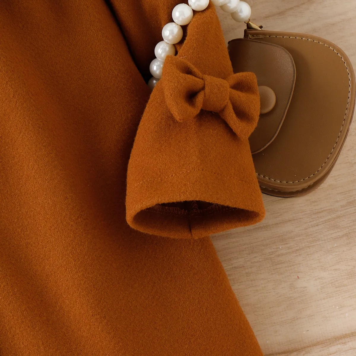 Toddler Girl Bowknot Design Open Front Brown Blend Coat Brown big image 1