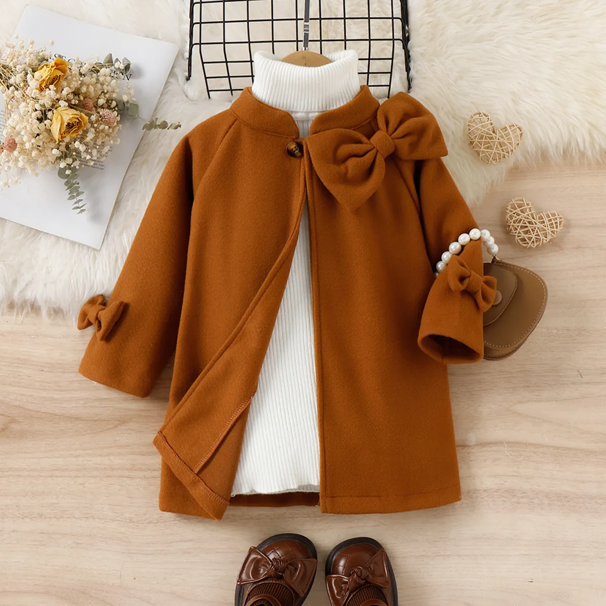 casaco de mistura marrom com design de bowknot para menina infantil Castanho big image 1