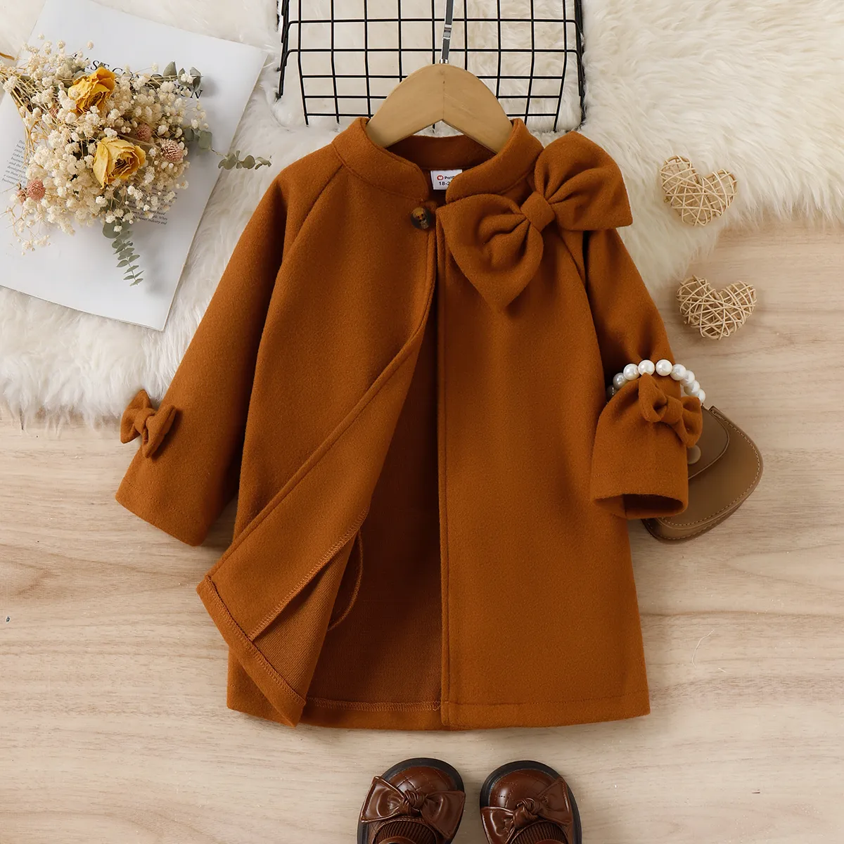 Toddler Girl Bowknot Design Open Front Brown Blend Coat