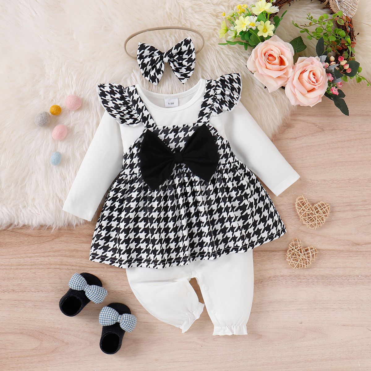 

2pcs Baby Girl Solid & Houndstooth Spliced Ruffle Trim Long-sleeve Faux-two Jumpsuit with Headband Set