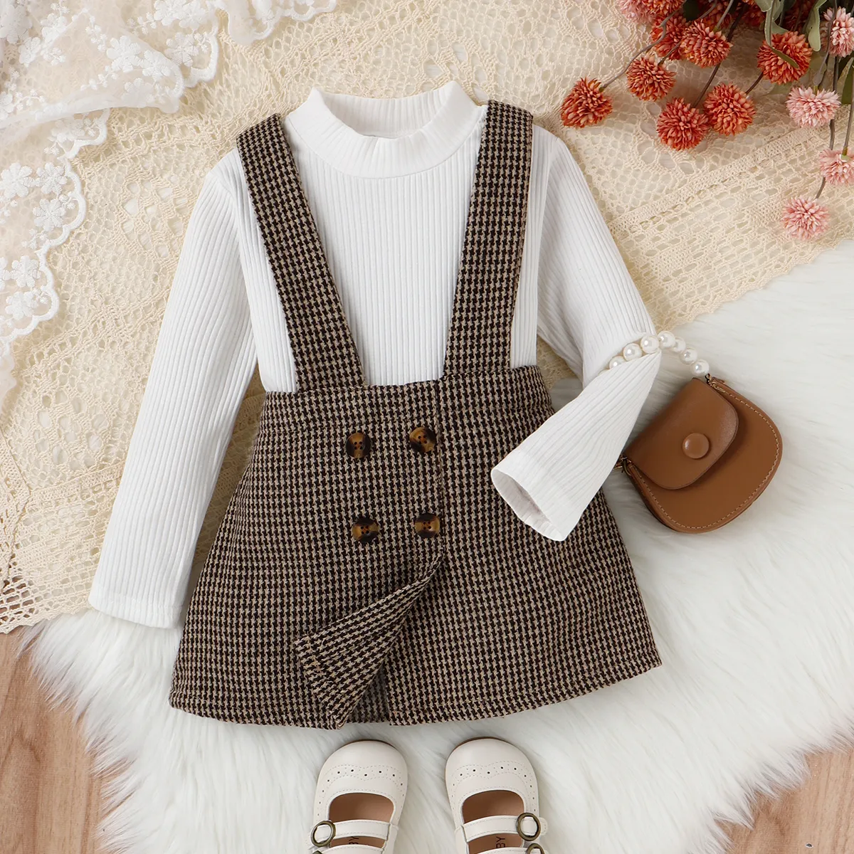 

2pcs Toddler Girl Preppy style Mock Neck Ribbed Tee and Houndstooth Suspender Skirt Set