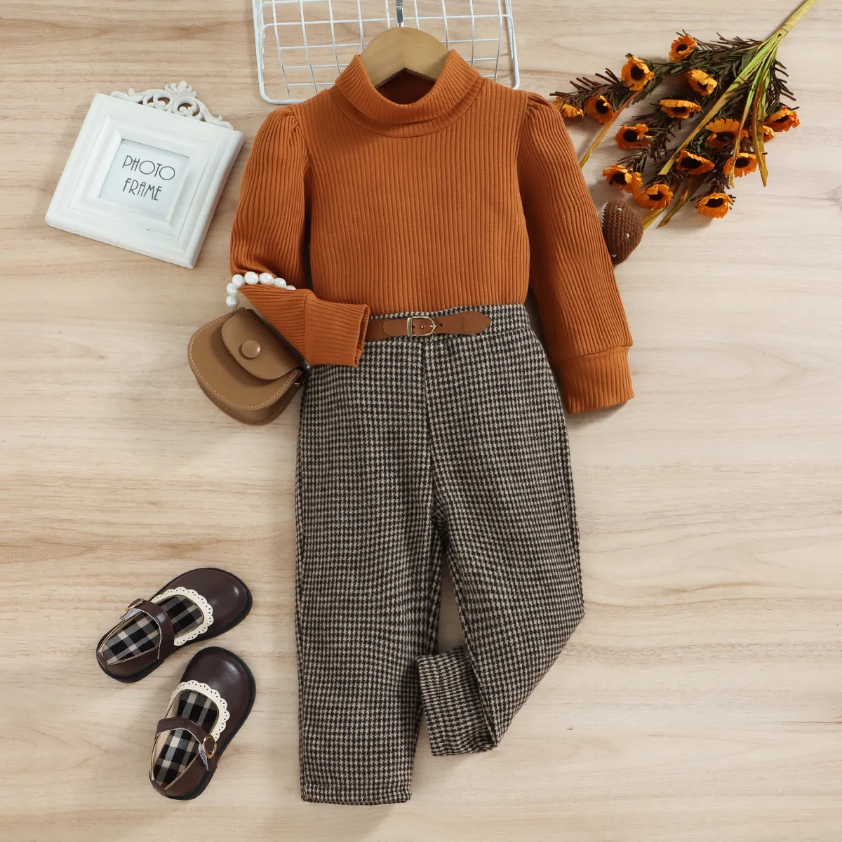 2pcs Toddler Girl Classic Mock Neck Brown Tee and Houndstooth Pants Set