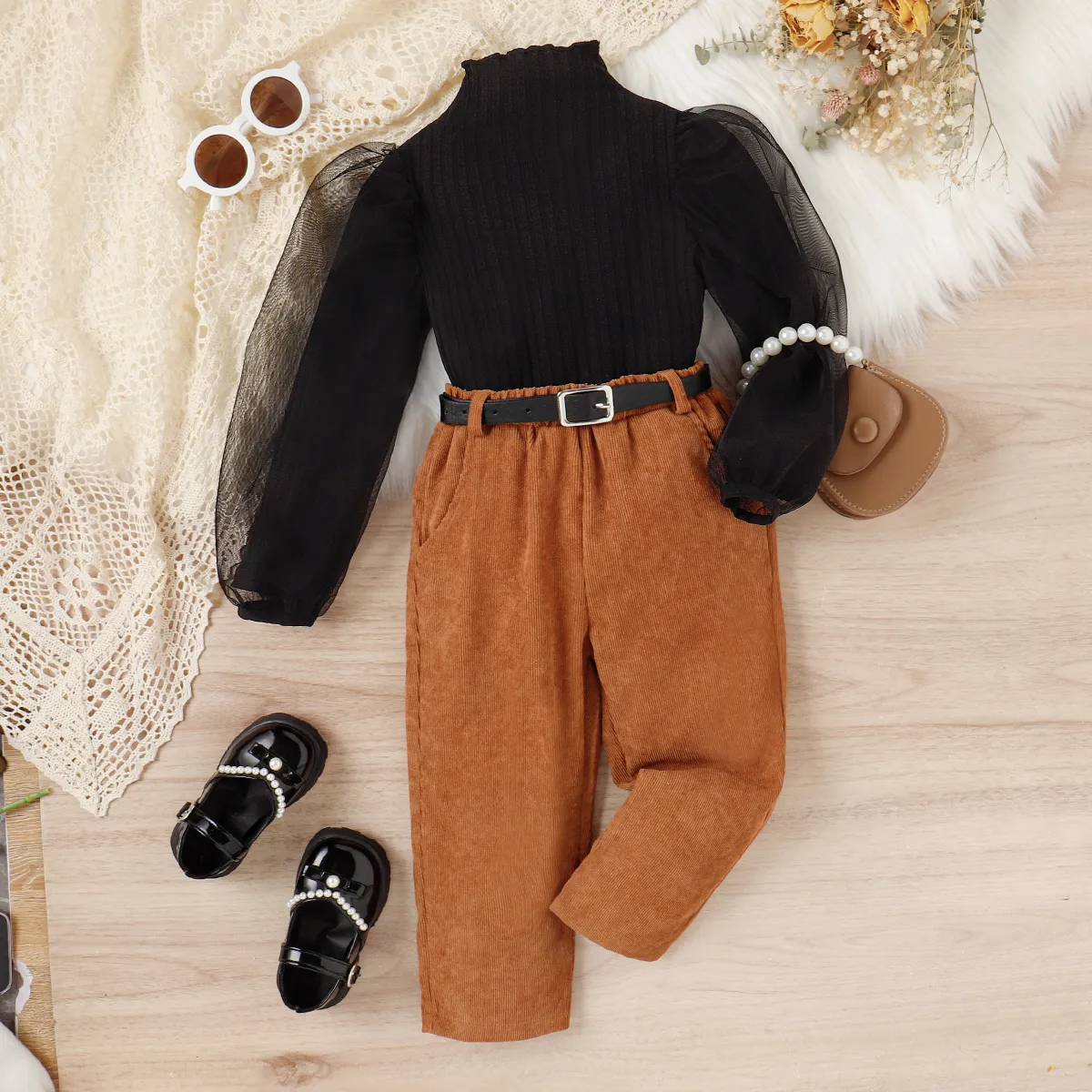 

3pcs Toddler Girl Trendy Mock Neck Mesh Puff-sleeve Tee and Belted Corduroy Pants Set