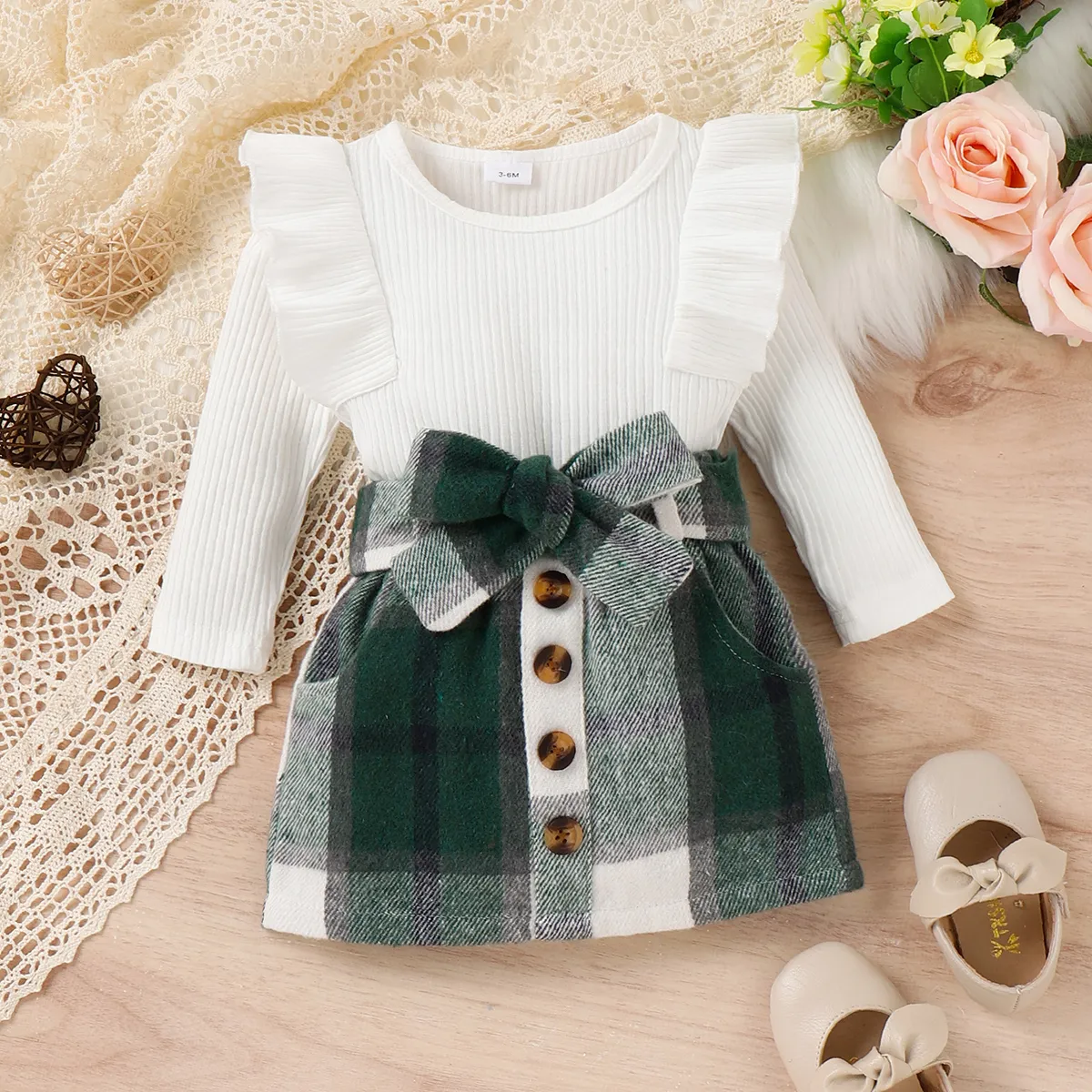 2pcs Baby Girl Solid Rib Knit Ruffle Trim Long-sleeve Romper and Button Front Plaid Belted Skirt Set Green big image 1