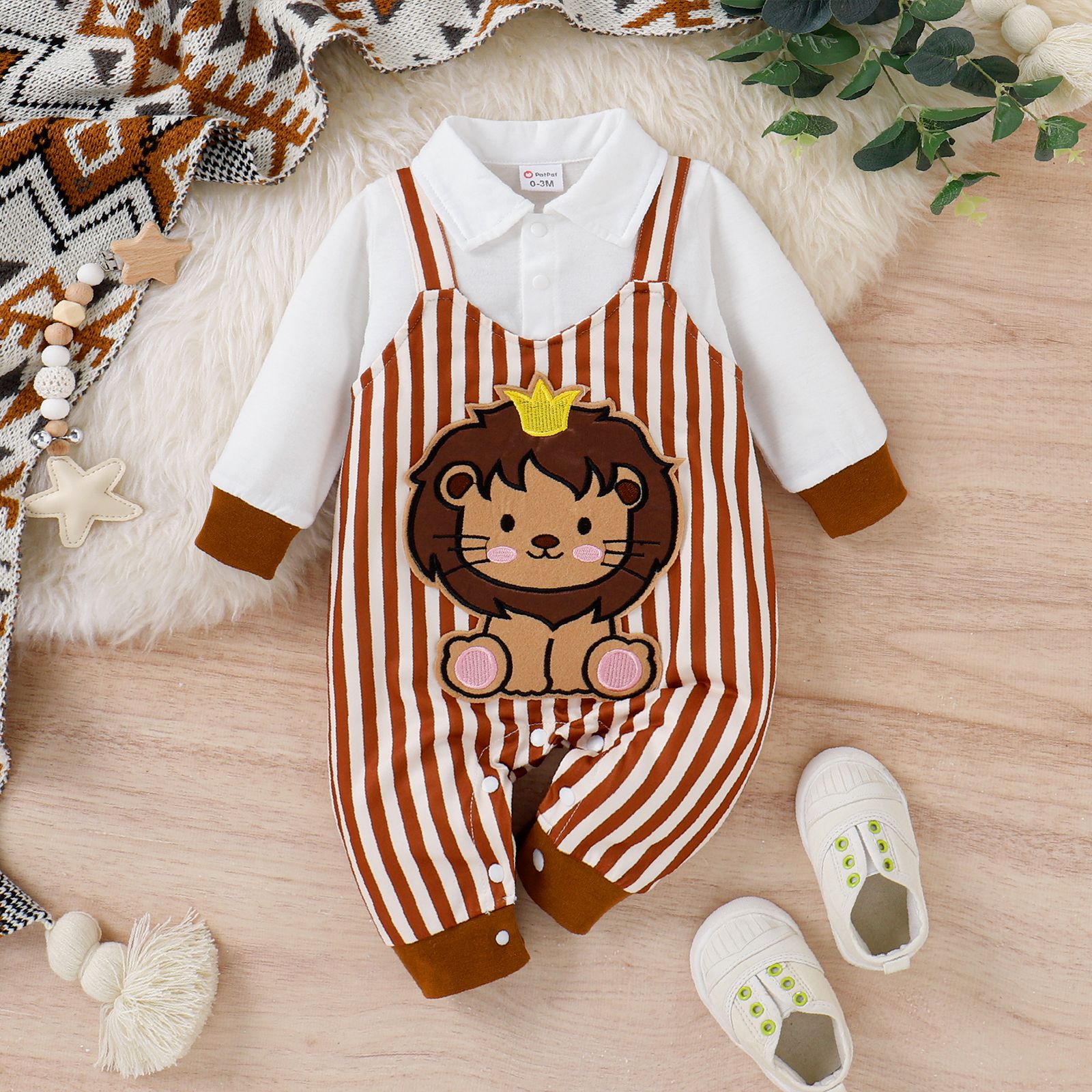 

Baby Boy/Girl Lion Embroidered Brown Striped Faux-two Long-sleeve Jumpsuit