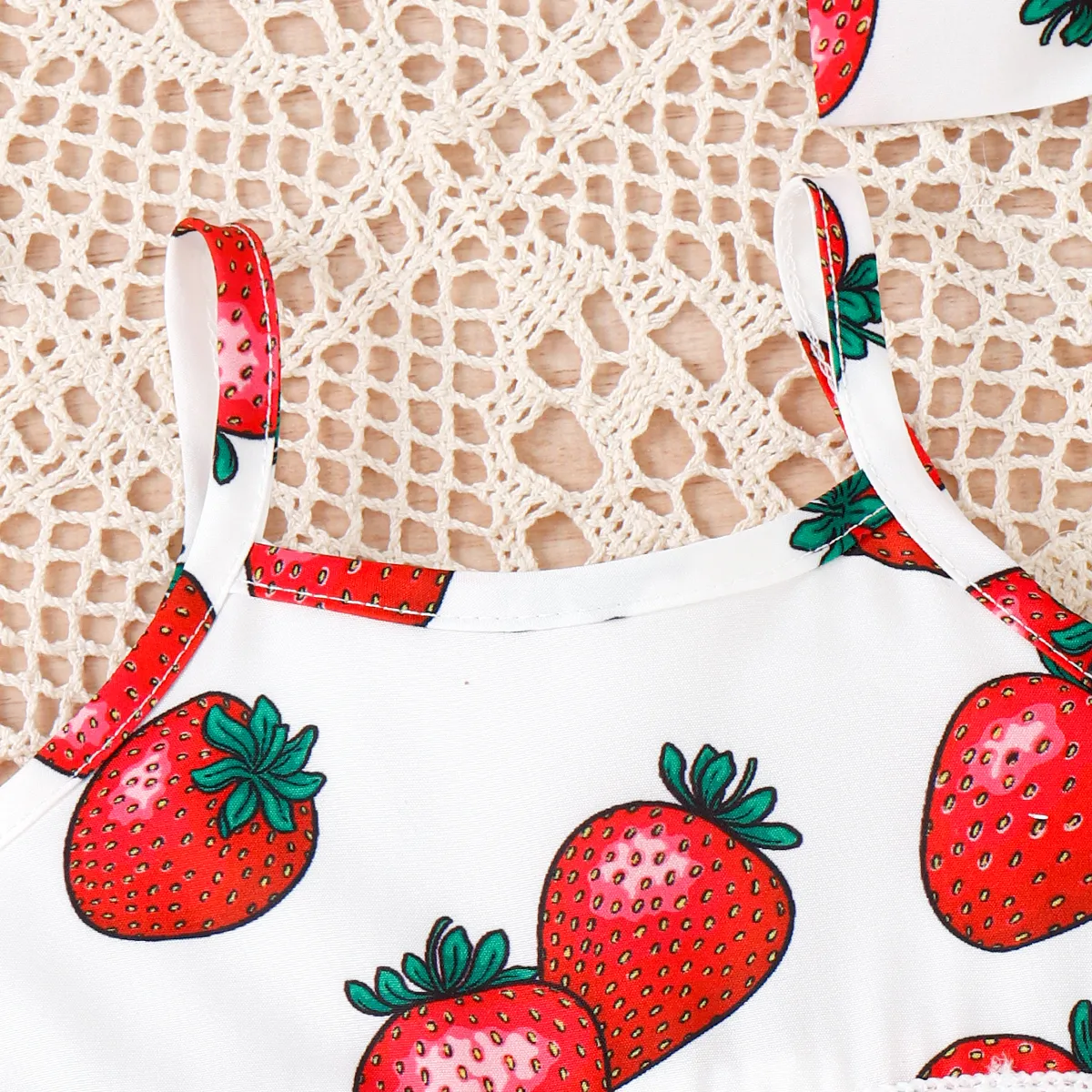 2pcs Baby Girl Allover Strawberry Print Layered Ruffle Trim Cami Romper & Headband Set  image 4