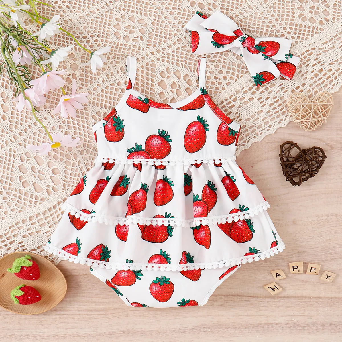 2pcs Baby Girl Allover Strawberry Print Layered Ruffle Trim Cami Romper & Headband Set  image 2