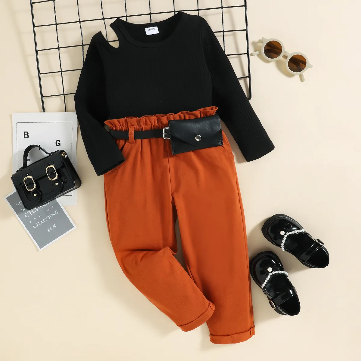 

3pcs Toddler Girl Trendy Cold Shoulder Ribbed Tee & Belted Wasit Bag and Pants