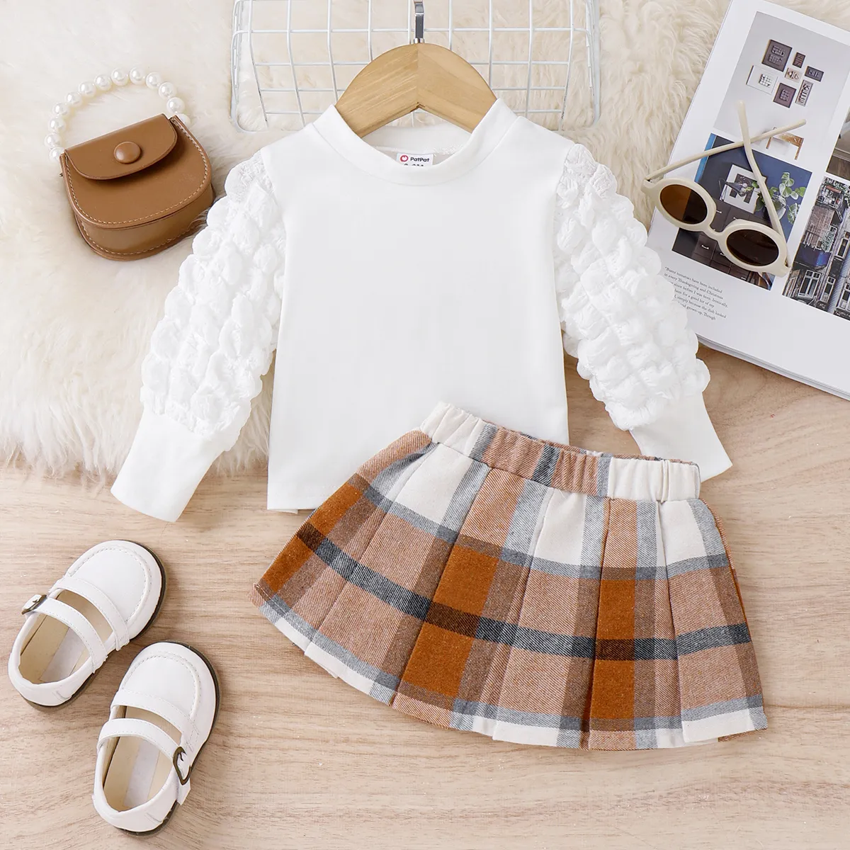 2pcs Baby Girl Gigot Sleeve Top & Plaid Skirt Set