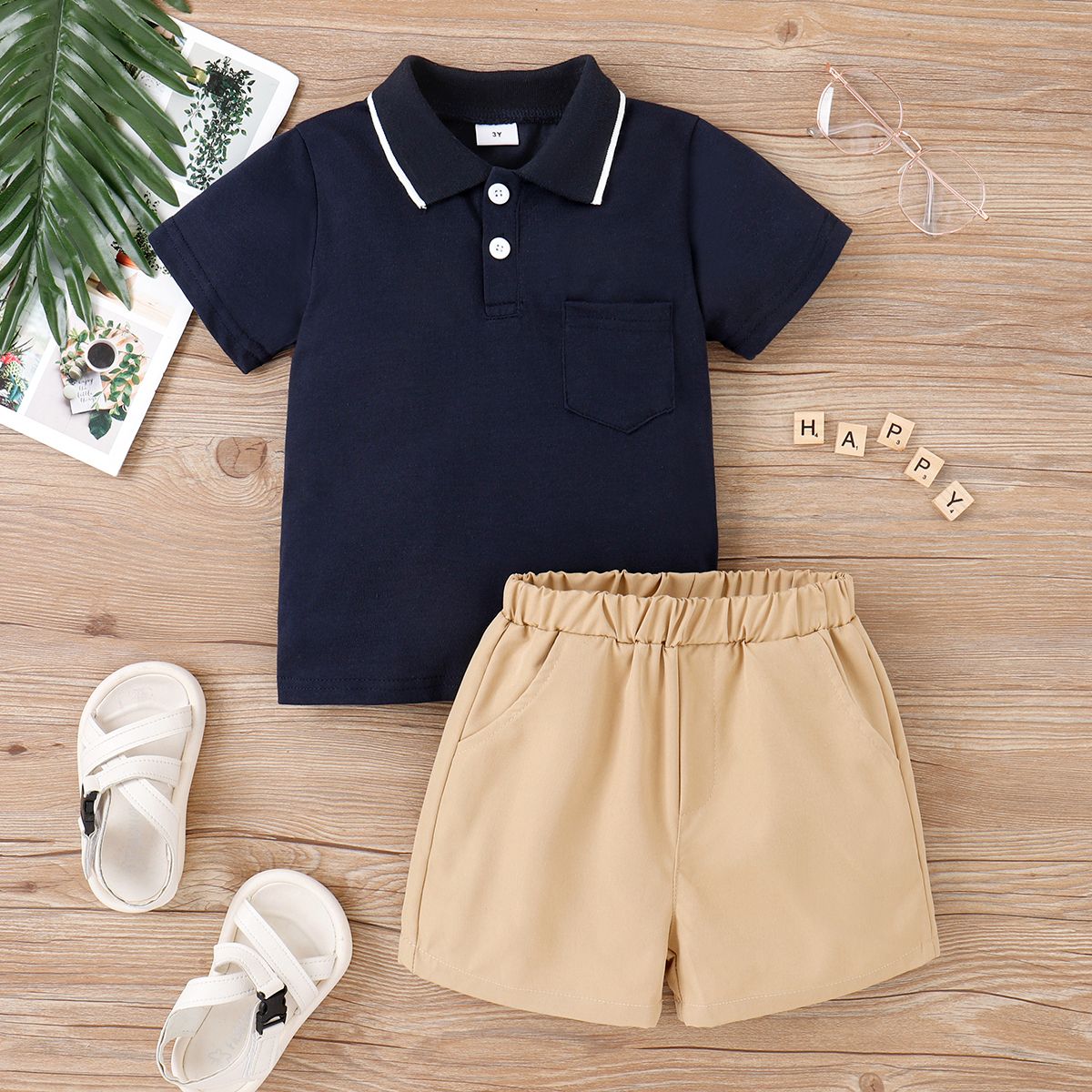 

2pcs Toddler Boy Preppy style Polo Tee and Elasticized Shorts Set