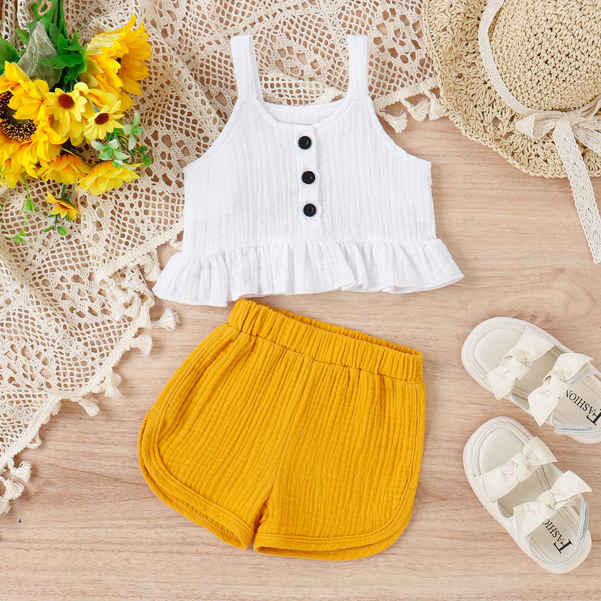 

2pcs Baby Girl 100% Cotton Crepe Ruffle Hem Tank Top & Shorts Set