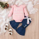 3pcs Baby Girl 95% Cotton Letter Print Ruffle Trim Long-sleeve Romper and Ripped Flared Jeans & Belt Set  image 2