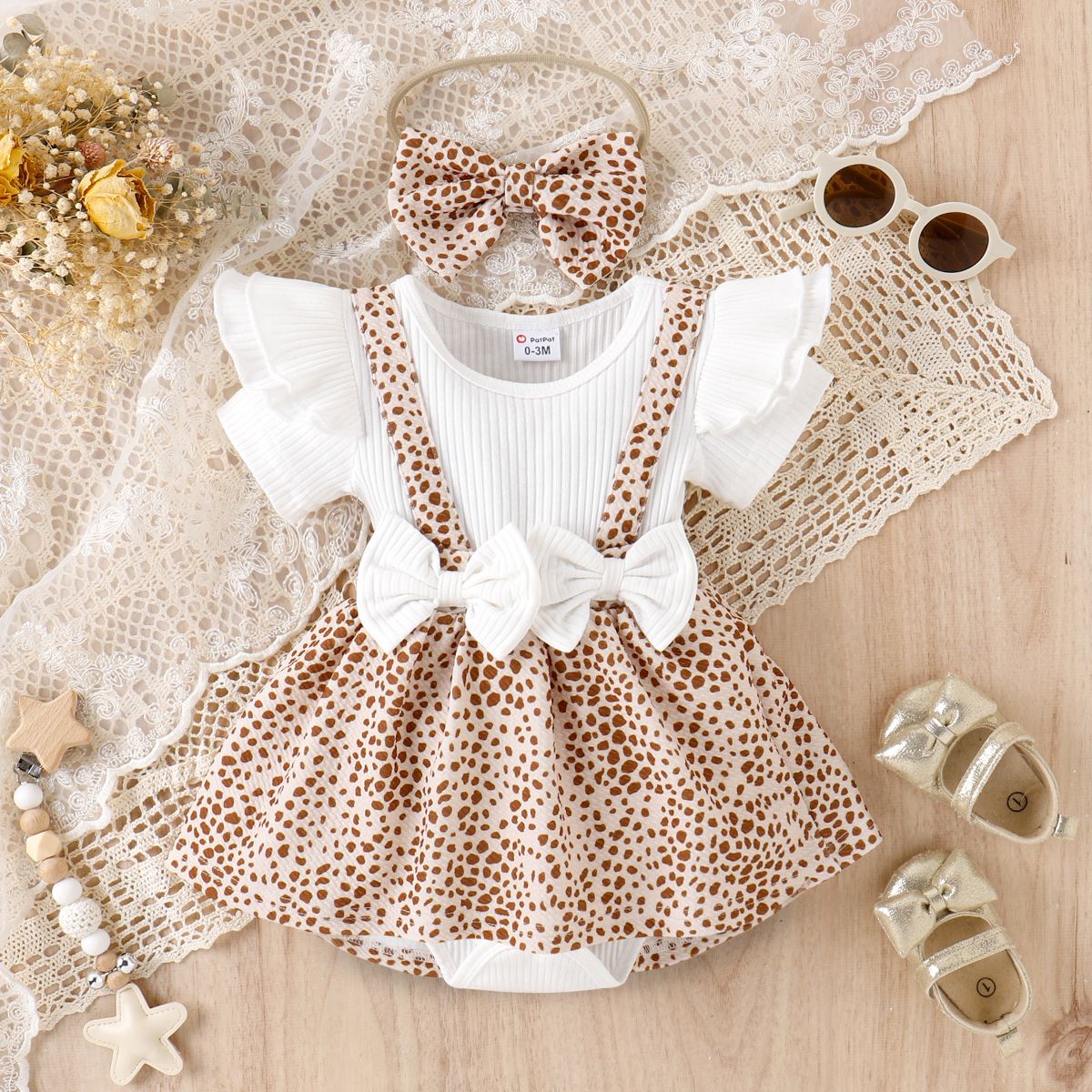 2pcs Baby Girl 95% Cotton Ribbed Ruffle Trim Bow Decor Leopard Print Spliced Short-sleeve Romper & H