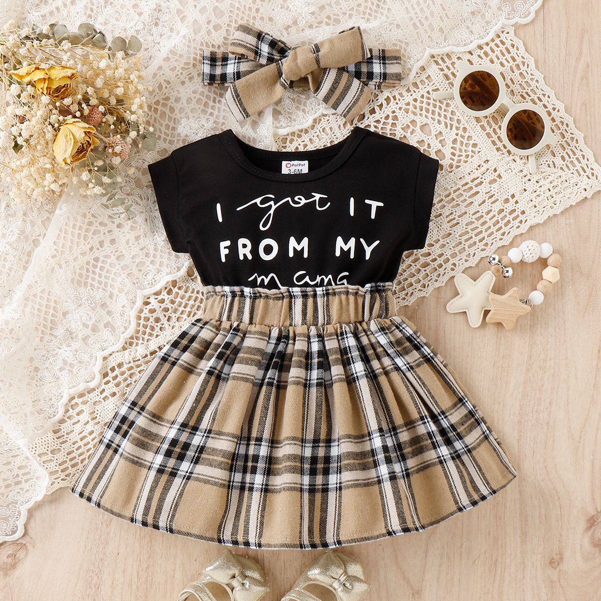 

2pcs Baby Girl Short-sleeve Letter Print Spliced Plaid Dress & Headband Sets