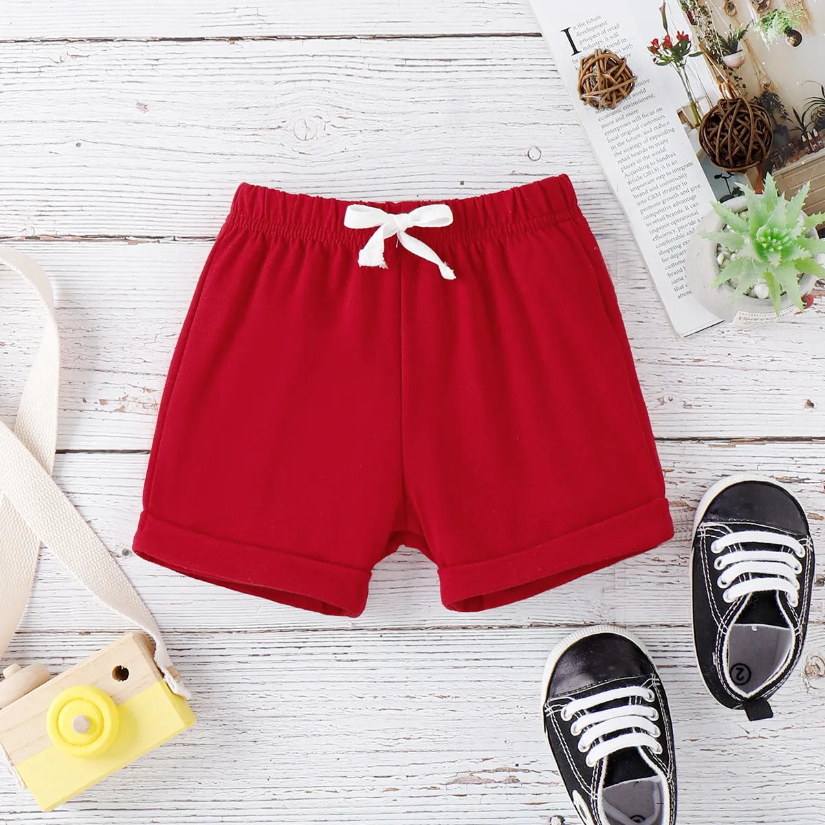 Baby Boy/Girl Solid Elasticized Waist Shorts Red big image 1