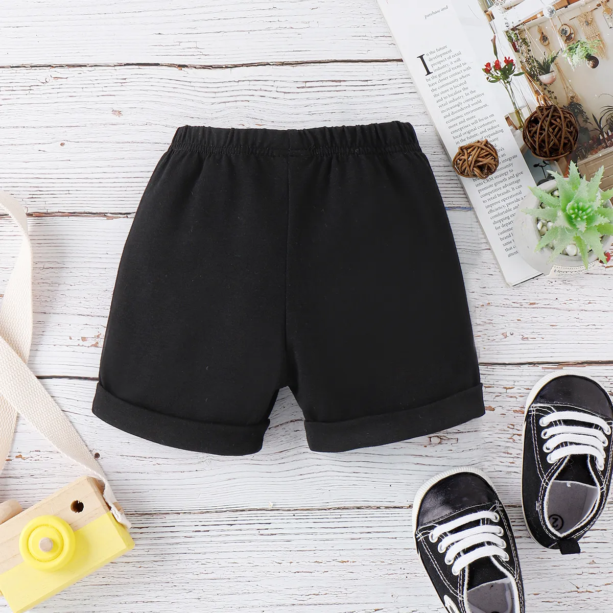 Baby Boy/Girl Solid Elasticized Waist Shorts Black big image 1