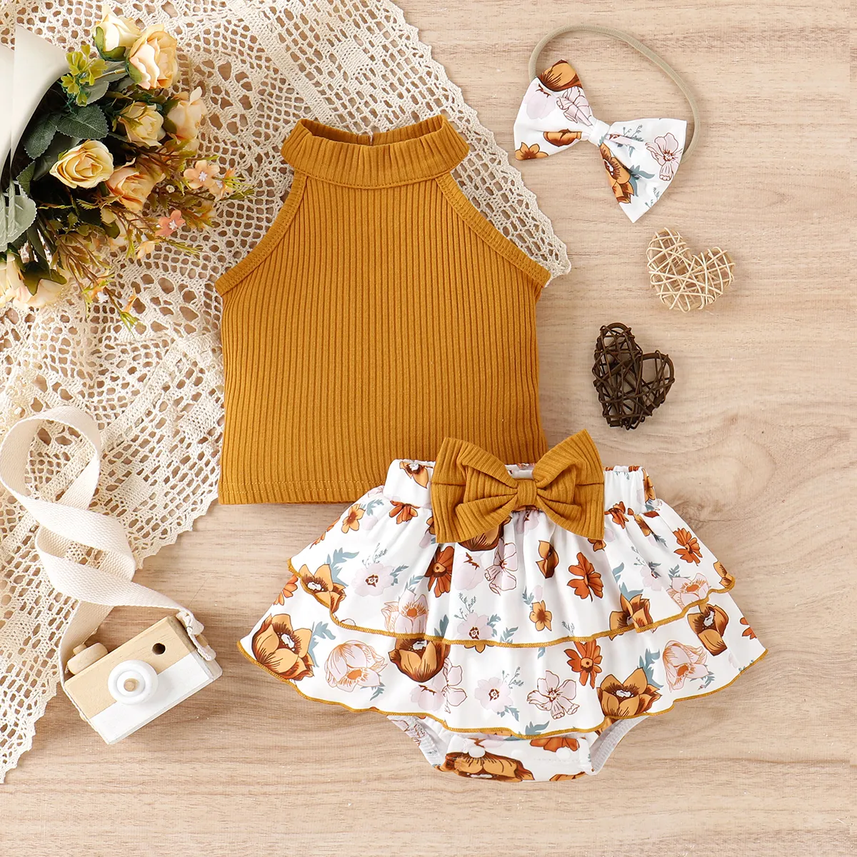 3 unidades Bebé Menina Colarinho alto Boémio Sem mangas Conjunto para bebé Castanho image 2