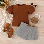 2pcs Toddler Girl Classic Puff-sleeve Tee and Houndstooth Pleated Skirt Set  image 2