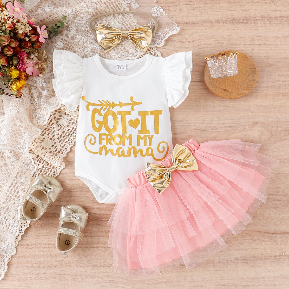 3pcs Baby Girl 95% Cotton Letter Print Flutter-sleeve Romper and Layered Mesh Skirt & Headband Set