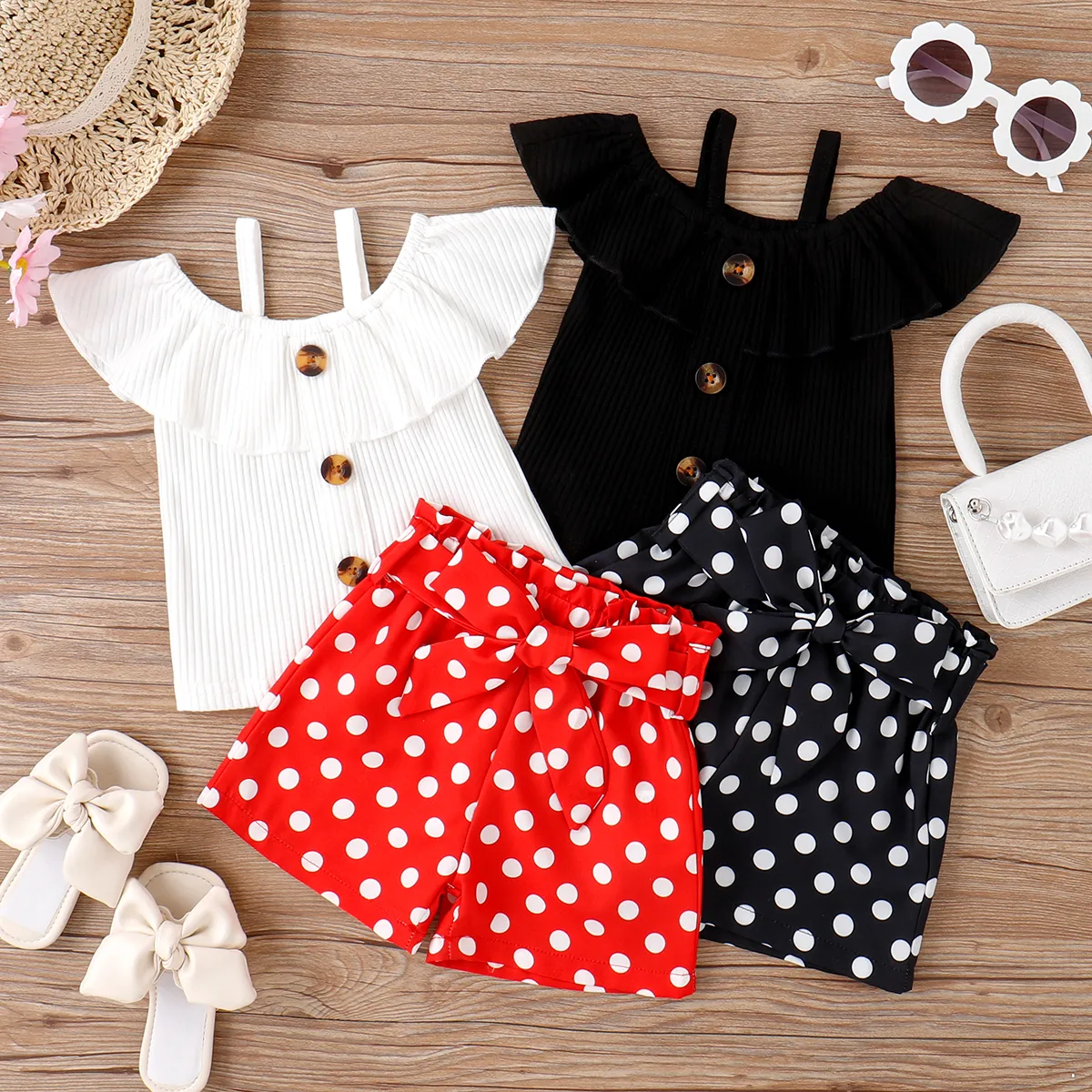 2pcs Baby Girl 95% Cotton Ribbed Ruffle Collar Sleeveless Top and Polka Dots Print Belted Shorts Set  image 2