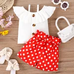 2pcs Baby Girl 95% Cotton Ribbed Ruffle Collar Sleeveless Top and Polka Dots Print Belted Shorts Set White