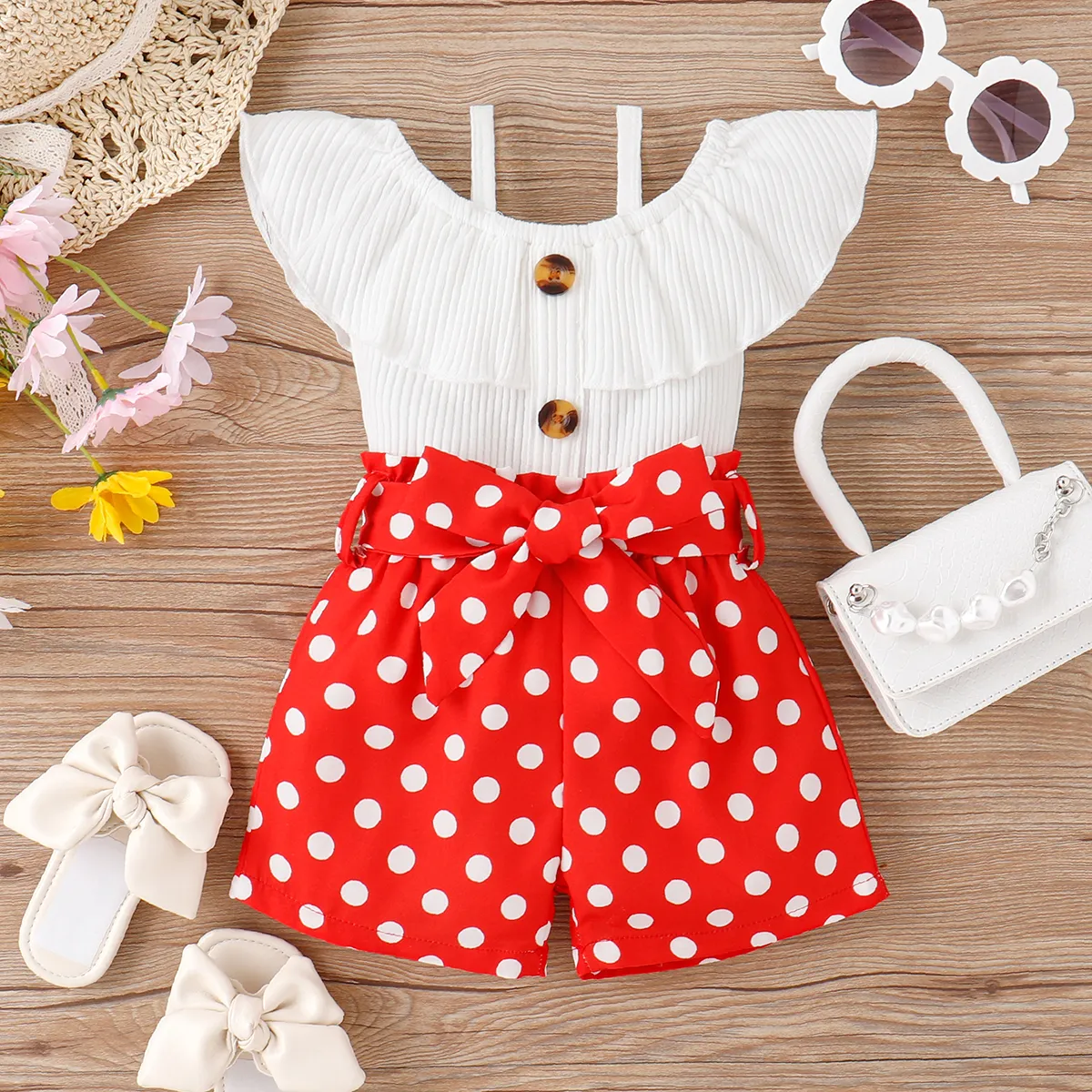 2pcs Baby Girl 95% Cotton Ribbed Ruffle Collar Sleeveless Top and Polka Dots Print Belted Shorts Set  image 4