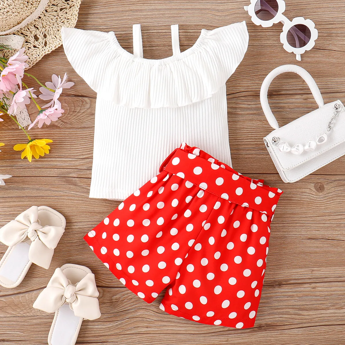 2pcs Baby Girl 95% Cotton Ribbed Ruffle Collar Sleeveless Top and Polka Dots Print Belted Shorts Set  image 3