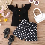 2pcs Baby Girl 95% Cotton Ribbed Ruffle Collar Sleeveless Top and Polka Dots Print Belted Shorts Set Black