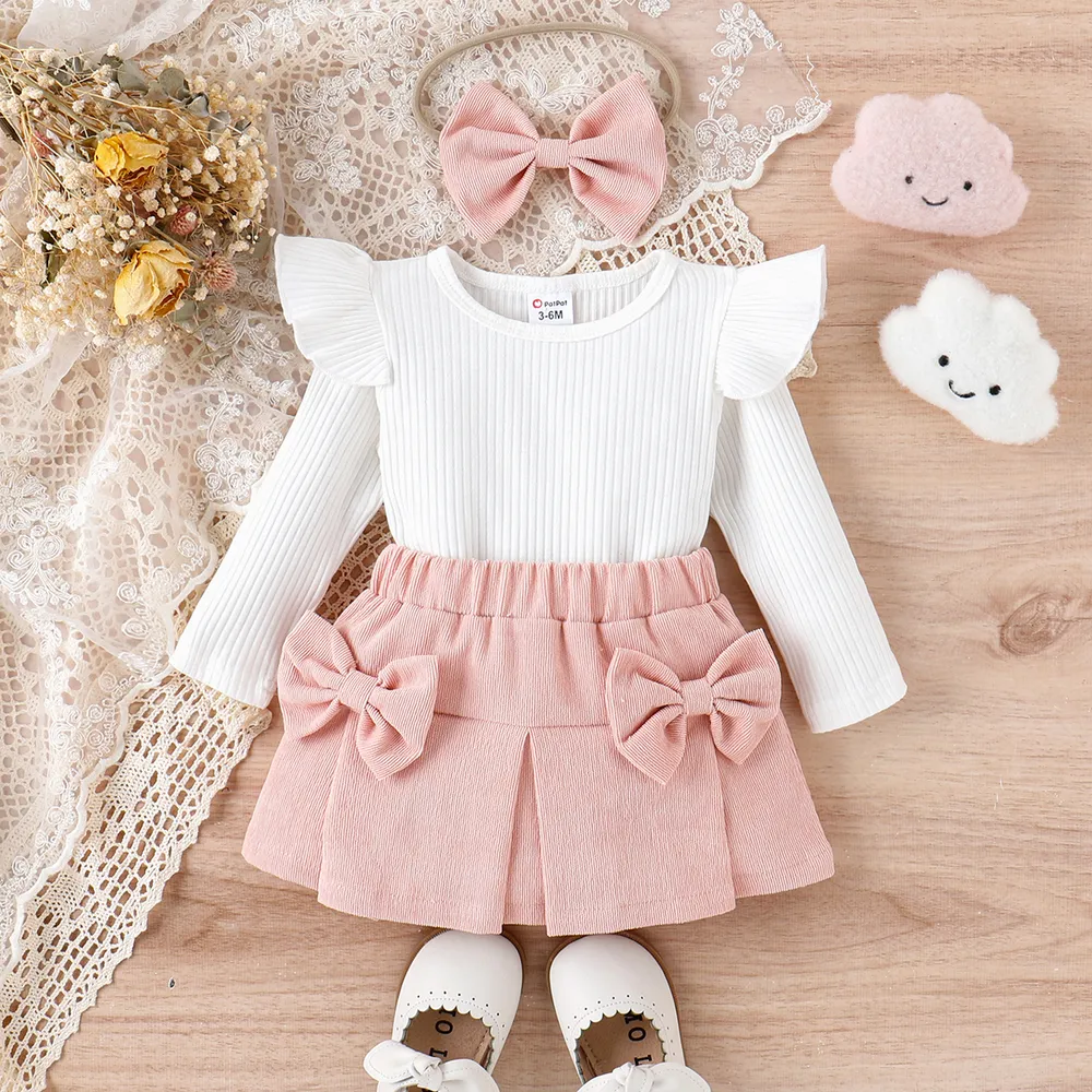 3pcs Baby Girl 95% Cotton Ribbed Ruffle Long-sleeve Top and Bow Front Skirt & Headband Set  big image 1
