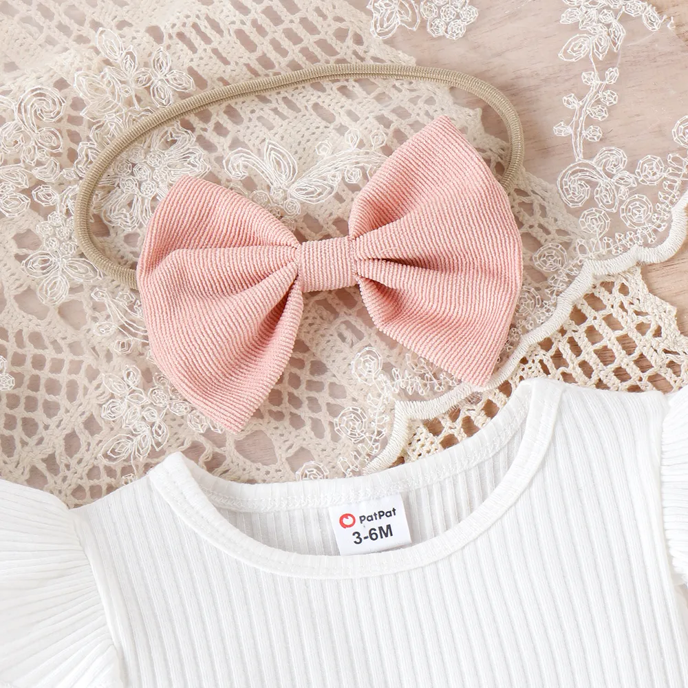 3pcs Baby Girl 95% Cotton Ribbed Ruffle Long-sleeve Top and Bow Front Skirt & Headband Set big image 5