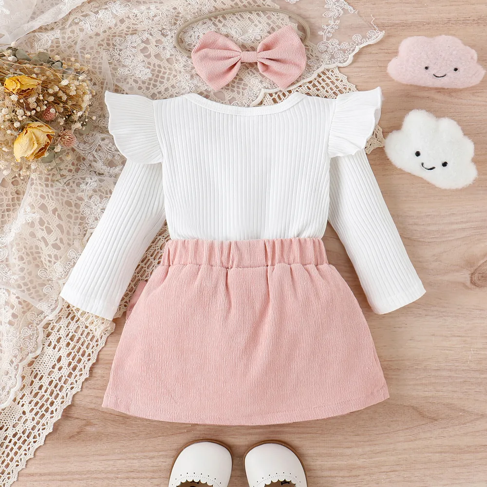 3pcs Baby Girl 95% Cotton Ribbed Ruffle Long-sleeve Top and Bow Front Skirt & Headband Set big image 2