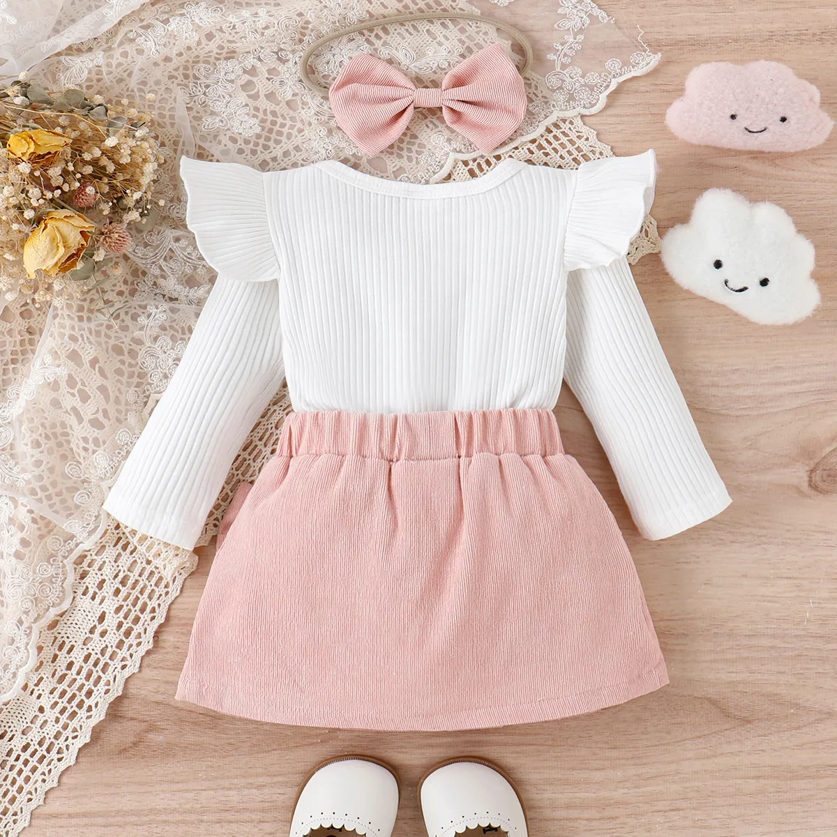3件 嬰兒 立體造型 甜美 長袖 套裝裙 粉色 big image 1