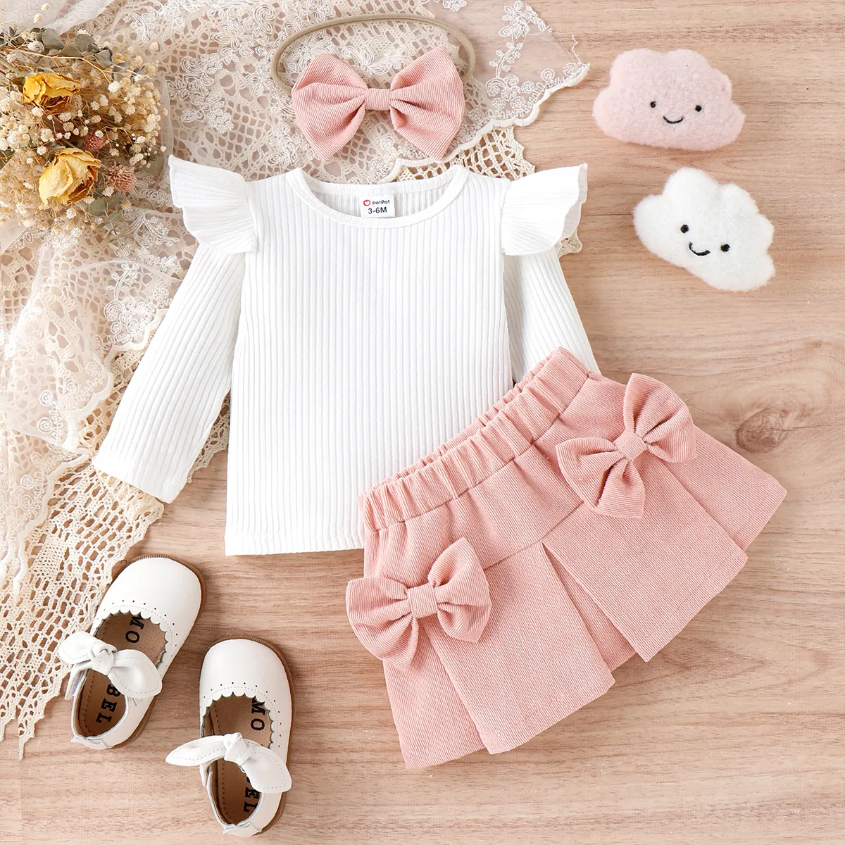 3pcs Baby Girl 95% Cotton Ribbed Ruffle Long-sleeve Top and Bow Front Skirt & Headband Set Pink big image 1