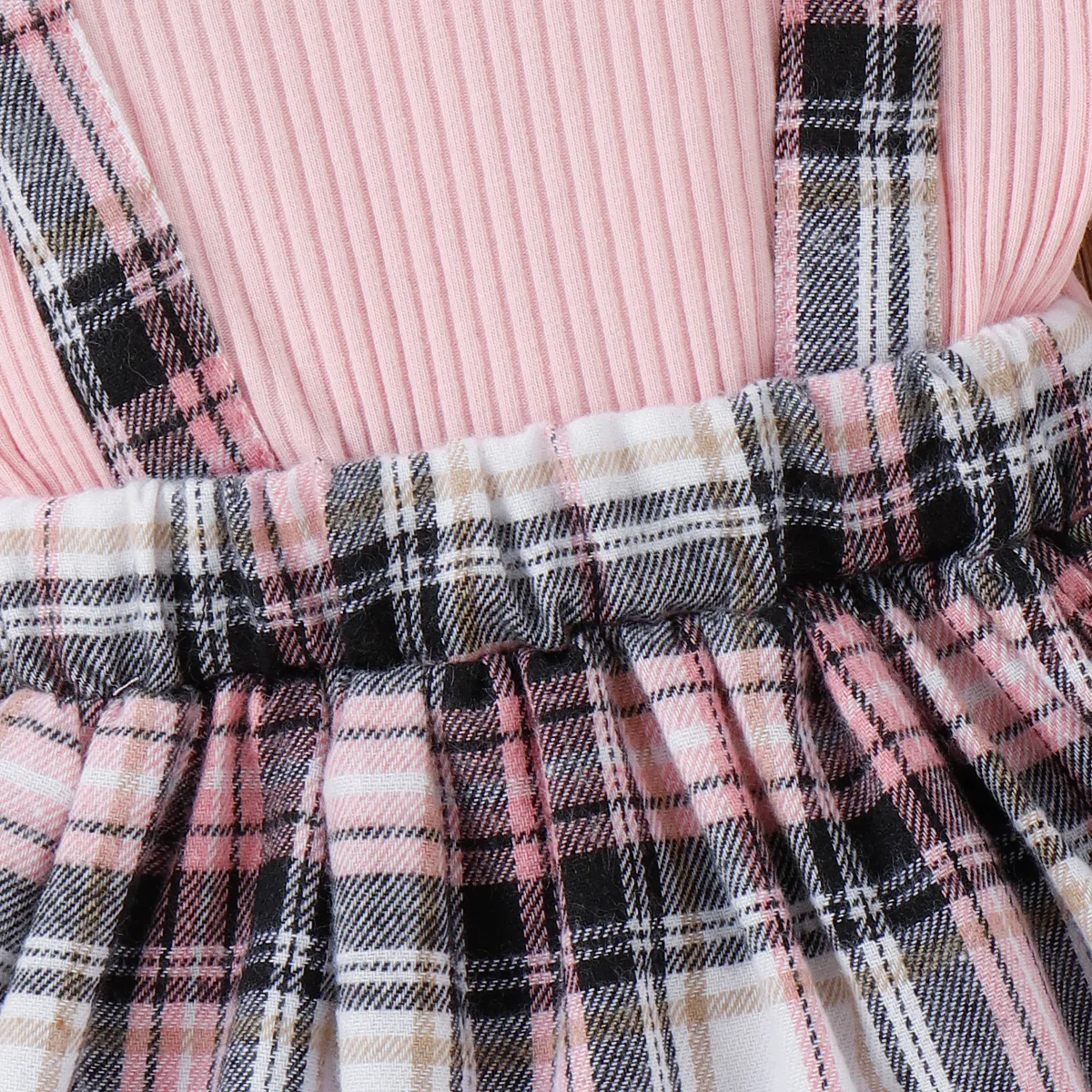 2pcs Baby Girl 95% Cotton Ribbed Ruffle Trim Bow Decor Short-sleeve Spliced Plaid Dress & Headband Set Pink big image 1
