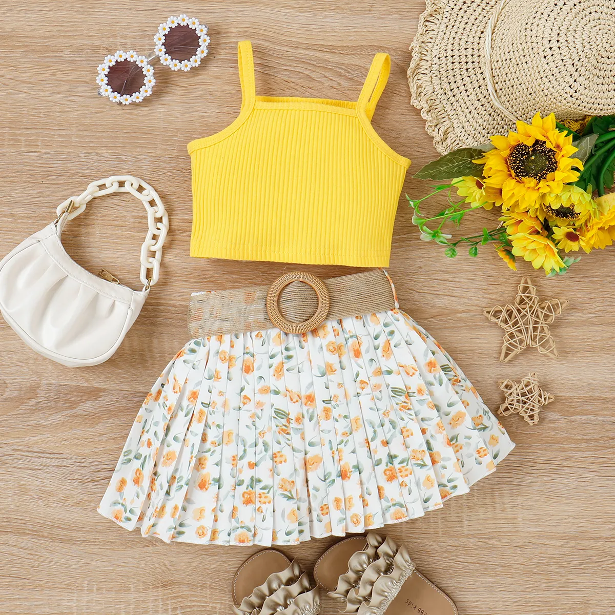 3pcs Toddler Girl Sweet Ribbed Crop Camisole and Floral Print Pleated Skirt & Belt Set Yellow big image 1