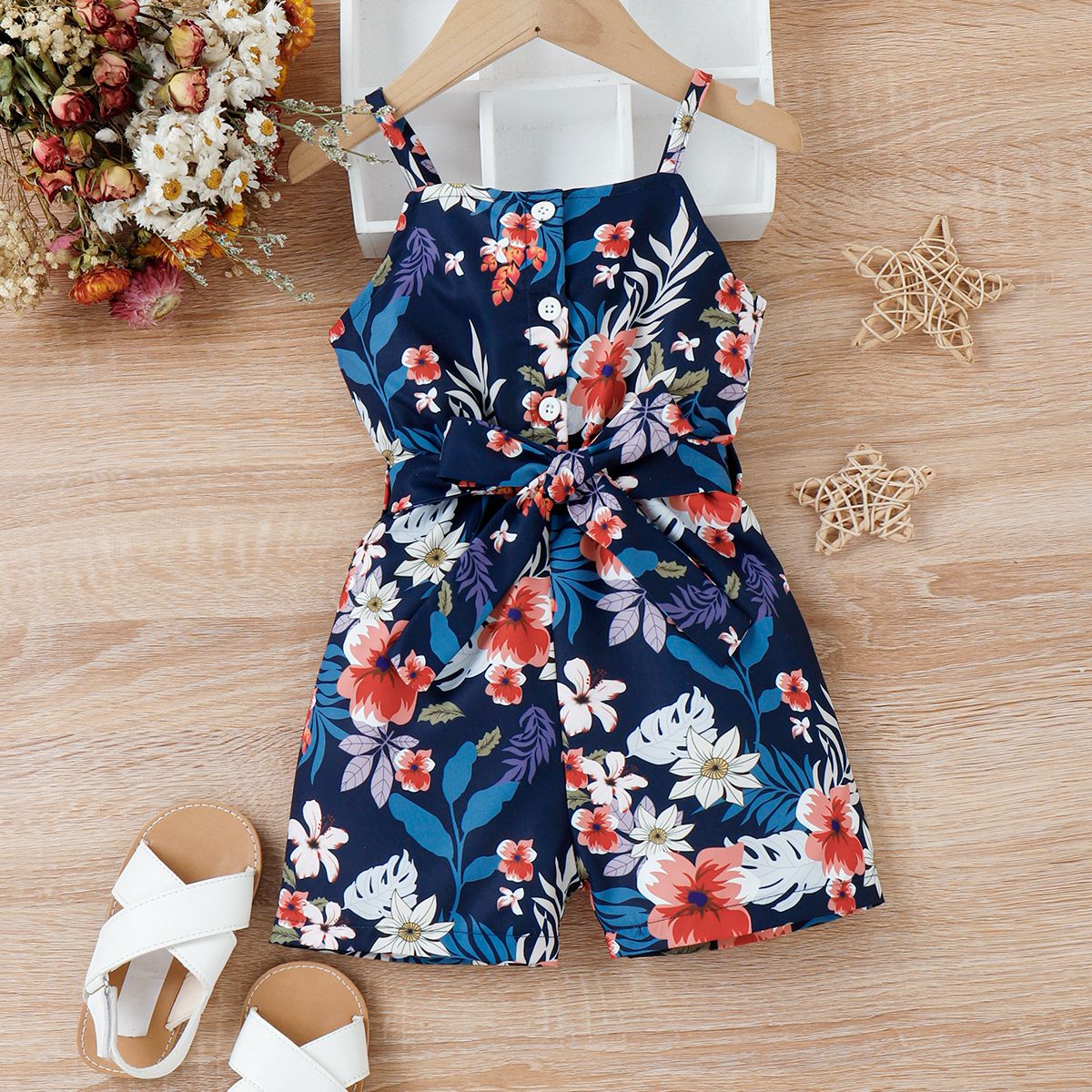 

Toddler Girl Sweet Floral Print Belted Slip Rompers